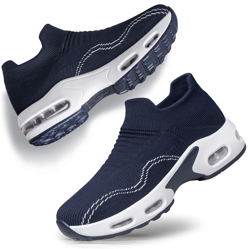 DOUSSPRT Womens Walking Shoes Slip on Sock Sneakers Mesh Air Cushion Platform Loafers Fashion Casual Blue US Size 9 9.5 - Image 1